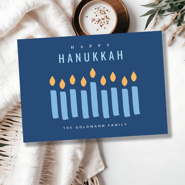 Minimal Simple Blue Yellow Candles Happy Hanukkah Holiday Card (Creator Uploaded)