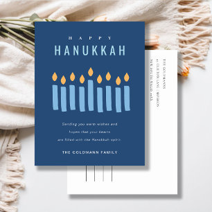 Minimal Simple Blue Yellow Candles Happy Hanukkah Holiday Postcard
