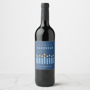 Minimal Simple Blue Yellow Candles Happy Hanukkah Wine Label
