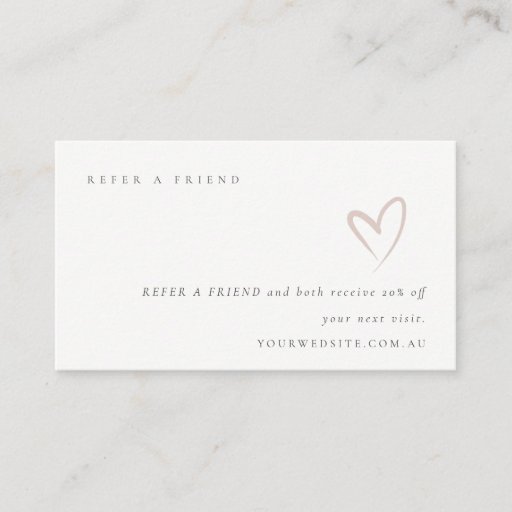 Customizable Minimal Simple Blush Heart Refer a Friend Discount Business Card
