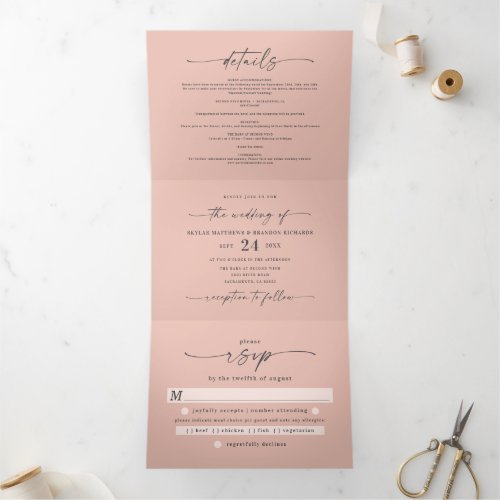 Minimal Simple Blush Pink Bold Names Wedding Tri_Fold Invitation