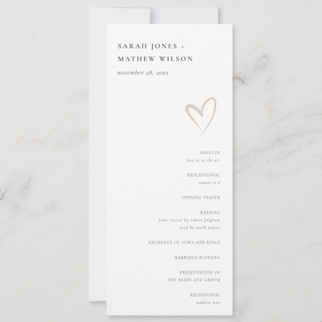 Minimal Simple Blush Pink Heart Wedding Program (Front)
