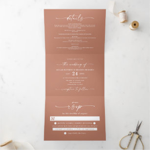 Minimal Simple Clay Terracotta Bold Names Wedding Tri-Fold Invitation