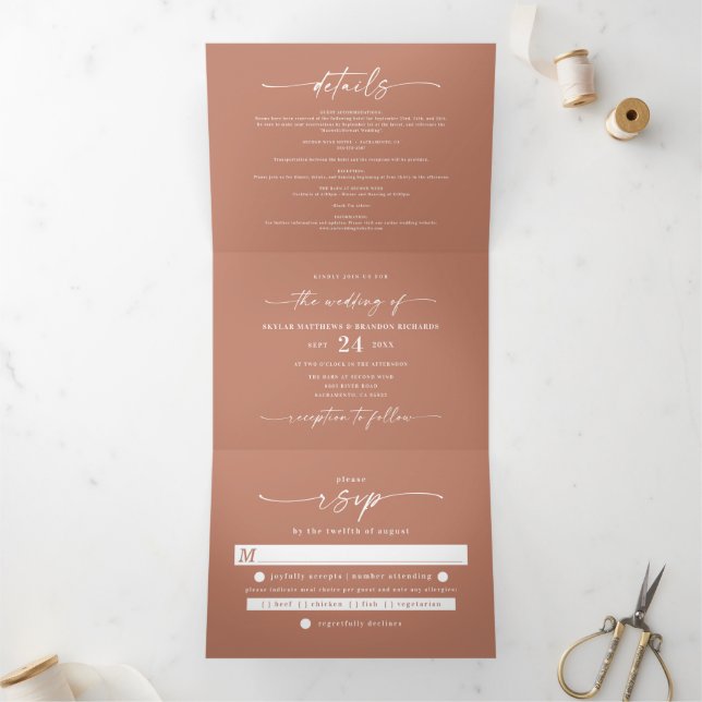 Minimal Simple Clay Terracotta Bold Names Wedding Tri-Fold Invitation (Inside)