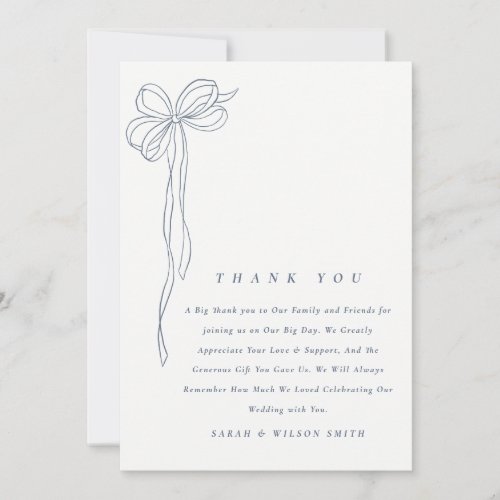 Minimal Simple Dusky Blue Coquette Bow Wedding Thank You Card