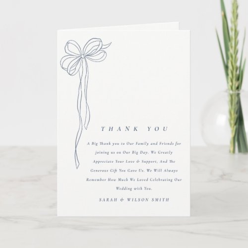 Minimal Simple Dusky Blue Coquette Bow Wedding Thank You Card