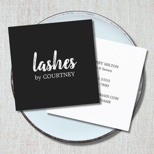 Minimal Simple Elegant Black White Lashes Brows Square Business Card