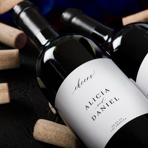Minimal simple elegant black white wedding cheers wine label