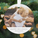 Minimal Simple Elegant Christmas Couple Photo Ornament<br><div class="desc">A stylish holiday photo ornament with classic typography “Happy Holidays” in black on a clean simple minimalist white background. The photo, name and greeting can be easily customized for a personal touch. A simple, minimalist and contemporary christmas design to stand out this holiday season! The image shown is for illustration...</div>