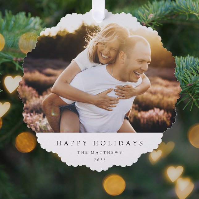 Minimal Simple Elegant Christmas Couple Photo Ornament Card (Creator Uploaded)