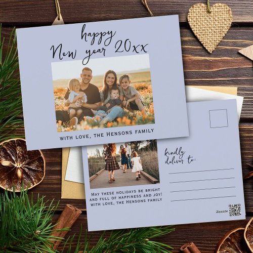 Minimal Simple Happy New Year Script Family Photo Holiday Postcard