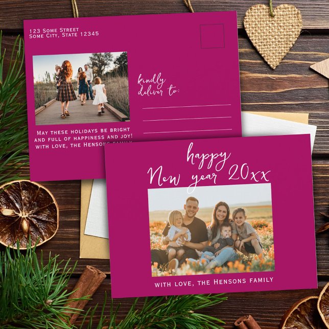 Minimal Simple Happy New Year Script Family Photo Holiday Postcard (Creator Uploaded)