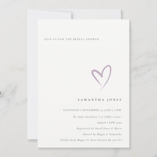 Minimal Simple Lavender Heart Bridal Shower Invite (Front)