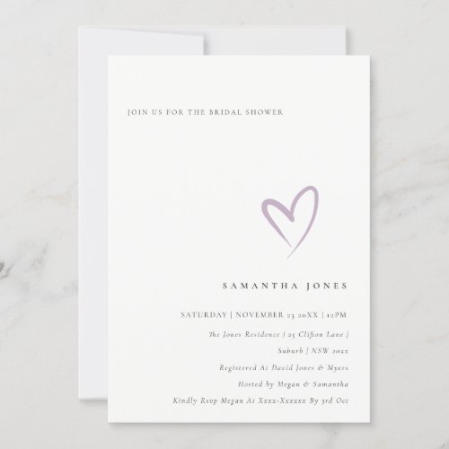 Minimal Simple Lavender Heart Bridal Shower Invite