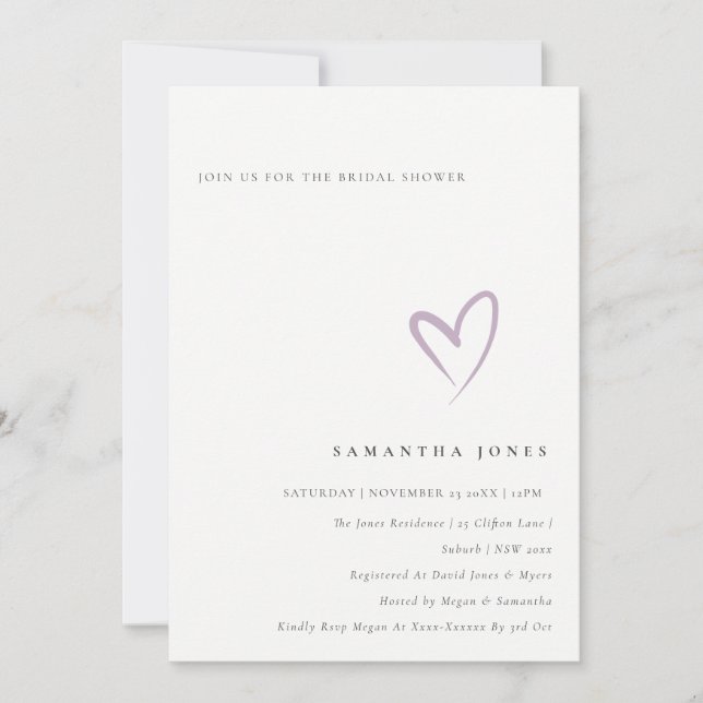 Minimal Simple Lavender Lilac Heart Bridal Shower Invitation (Front)