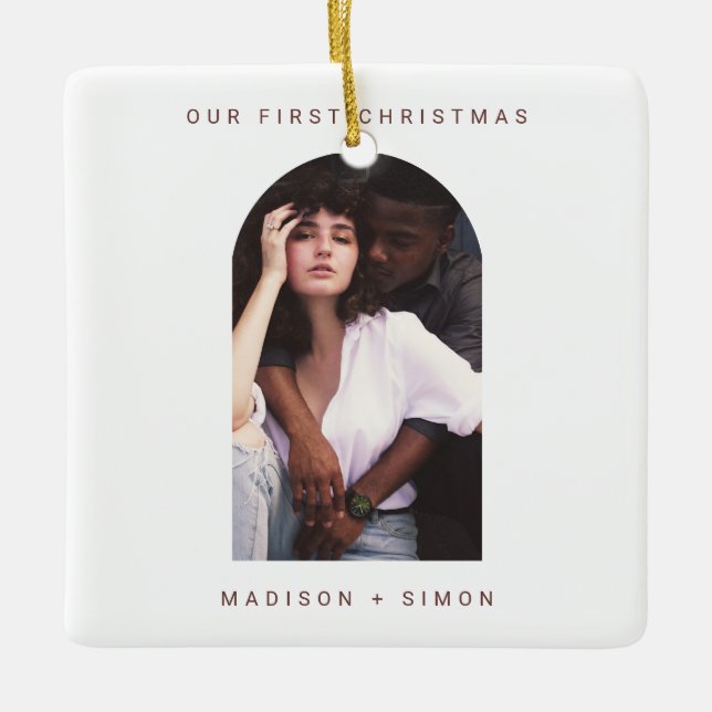 Minimal Simple Merry and Married Photo Ceramic Ornament (Front)