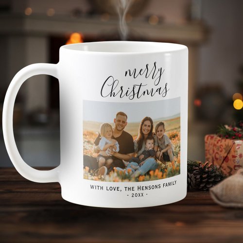 Minimal Simple Merry Christmas Script Family Photo Coffee Mug