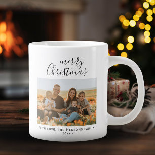 Minimal Simple Merry Christmas Script Family Photo Giant Coffee Mug