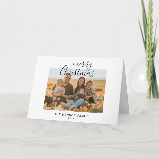 Minimal Simple Merry Christmas Script Family Photo Holiday Card (Front)