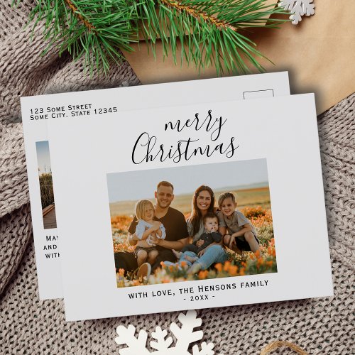 Minimal Simple Merry Christmas Script Family Photo Holiday Postcard