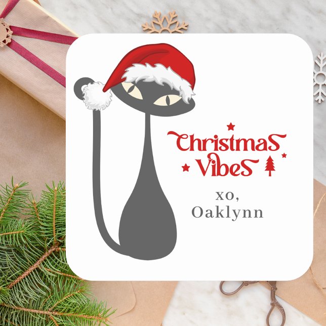 Minimal Simple Modern Retro Cat Christmas  Square Sticker (Retro Atomic Cat Sticker)