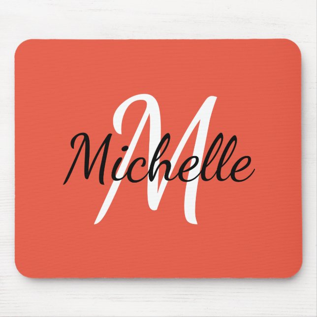 Minimal Simple Monogram Initial Name Coral & White Mouse Pad (Front)