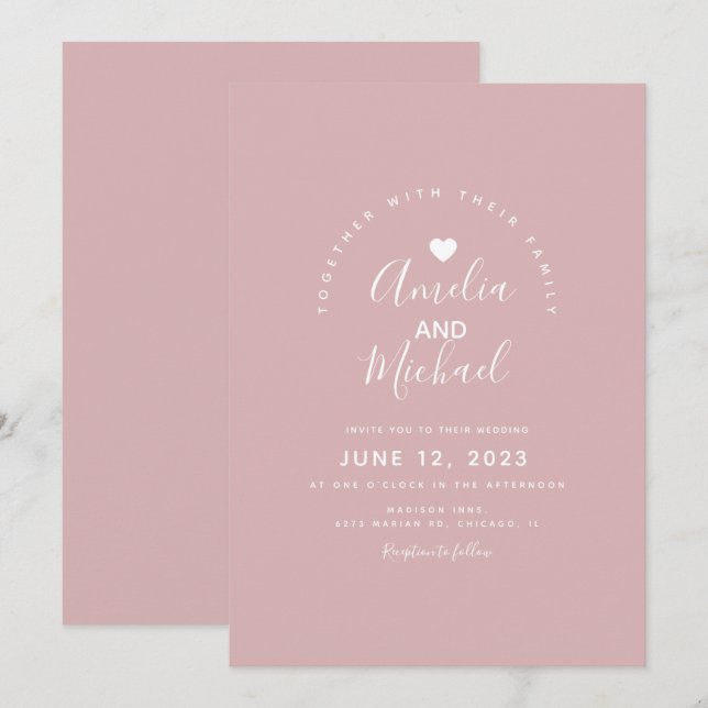 Minimal Simple Muted Pink Heart Wedding Invitation (Front/Back)