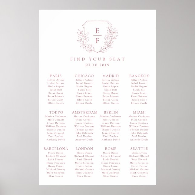 Minimal Simple Pink Cherry Blossom Crest Seating Poster (Front)