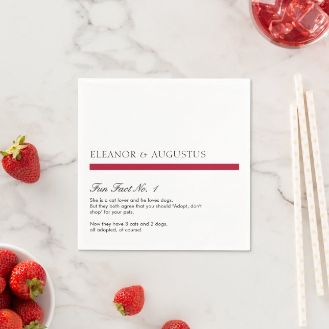 Minimal Simple Red Modern Fun Facts Wedding Napkins (Insitu)