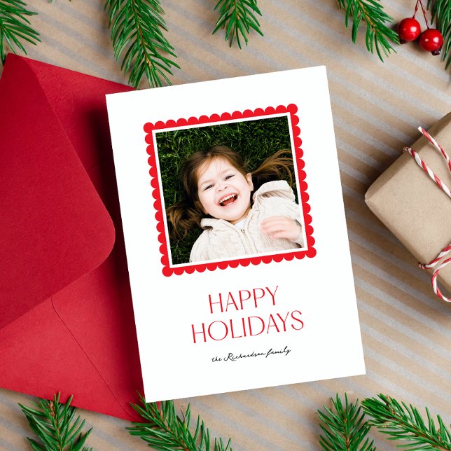 Minimal Simple Red Scallop Happy Holidays Photo Holiday Card (A simple and minimal happy holidays photo card with a red scallop border and classic type.)