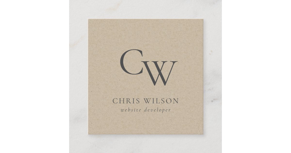 Minimal Simple Rustic Kraft Monogram Initial Square Business Card | Zazzle