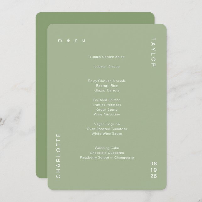 Minimal Simple Sage Green Wedding Dinner Menu (Front/Back)