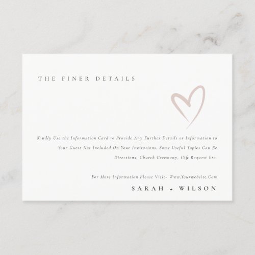 Minimal Simple Script Blush Heart Wedding Details Enclosure Card