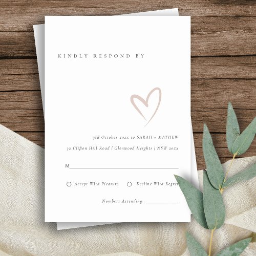 Minimal Simple Script Blush Heart Wedding RSVP Enclosure Card