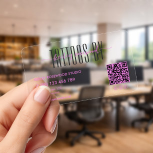 Minimal Simple Tattoo Artist Purple Transparent QR Clear Business Cards