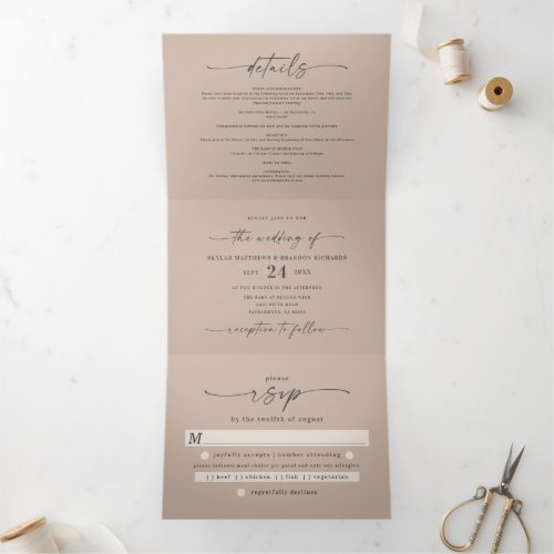 Minimal Simple Taupe Beige Bold Names Wedding Tri_Fold Invitation