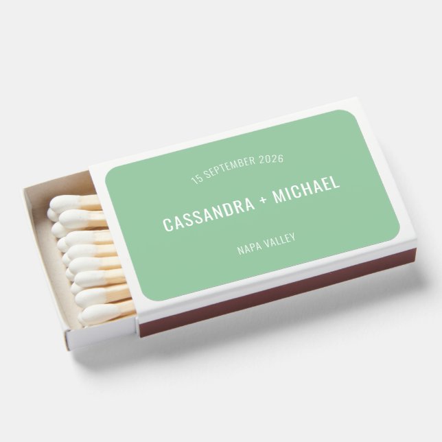 Minimal Simple Typography Mint Green Wedding Matchboxes (Front Open)