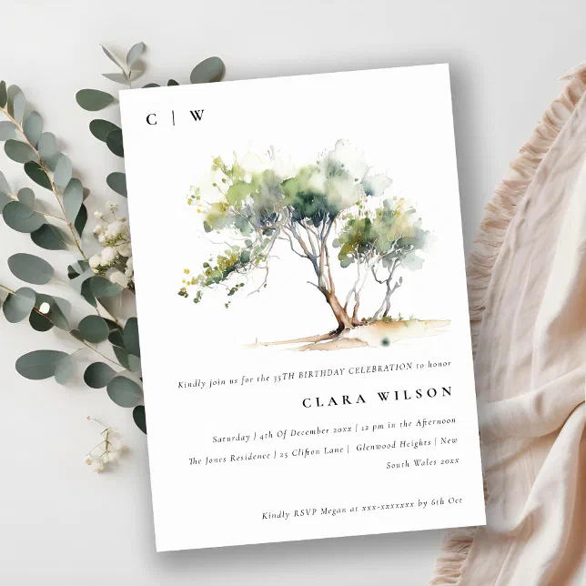 Tree Model Invitation Minimal Simple Watercolor Botanical Tree Birthday Invitation | Zazzle