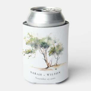 Minimal Simple Watercolor Botanical Tree Wedding Can Cooler