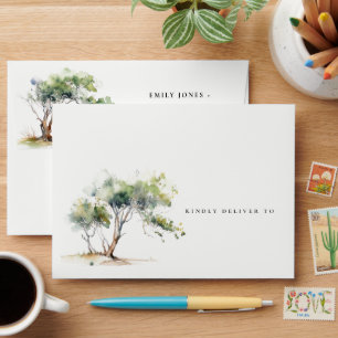 Minimal Simple Watercolor Botanical Tree Wedding Envelope
