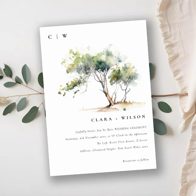 Invitation Background Design Tree Type Minimal Simple Watercolor Botanical Tree Wedding Invitation | Zazzle