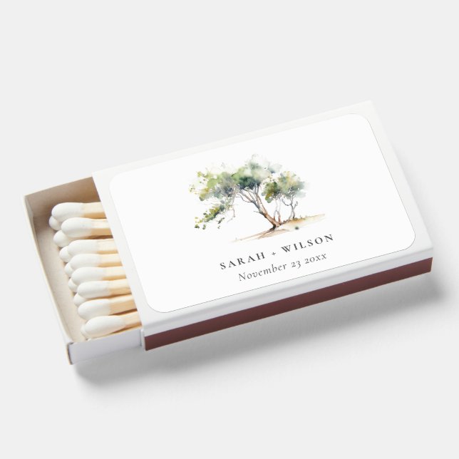 Minimal Simple Watercolor Botanical Tree Wedding Matchboxes (Front Open)
