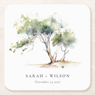 Minimal Simple Watercolor Botanical Tree Wedding Square Paper Coaster