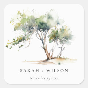 Minimal Simple Watercolor Botanical Tree Wedding Square Sticker