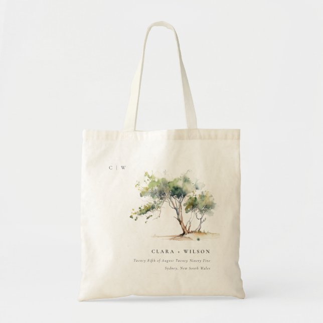Minimal Simple Watercolor Botanical Tree Wedding Tote Bag (Front)