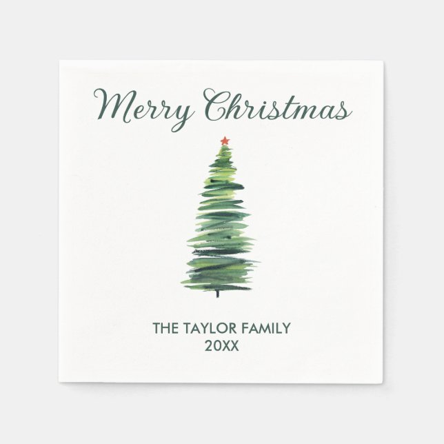 Minimal Simple Watercolor Christmas Tree Paper  Napkins (Front)