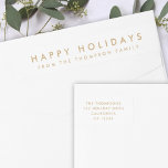 Minimal Simple White and Gold | Christmas Address Wrap Around Label<br><div class="desc">Simple, stylish, trendy wrap around holiday address label with modern minimal typography quote "Happy Holidays" in gold on a clean simple white background. The name, address and greeting can be easily customized for a personal touch. A elegant, minimalist and contemporary christmas design to stand out from the crowd this holiday...</div>