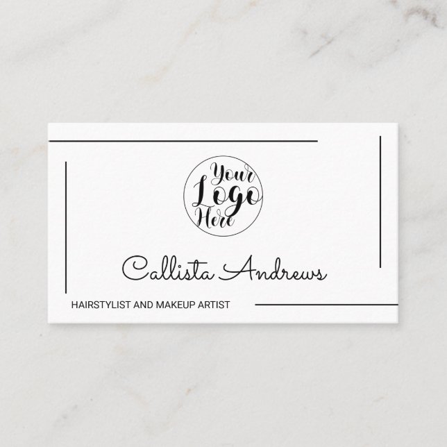Minimal Simple White Black Border Script Logo Business Card (Front)