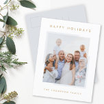 Minimal Simple White | Christmas Family Photo Holiday Postcard<br><div class="desc">Simple, stylish, trendy holiday photo postcard with modern minimal typography quote "Happy Holidays" in gold on a clean simple white background with semi transparent soft gray oversized picture corners. The name, year and greeting can be easily customized for a personal touch. A elegant, minimalist and contemporary christmas card to stand...</div>