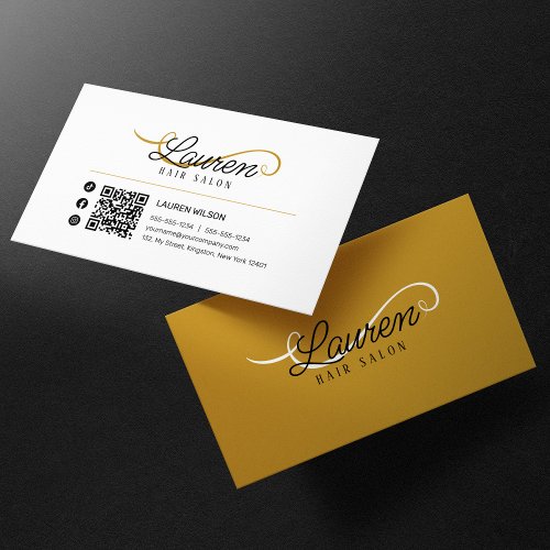 Minimal Simple White Gold Hair Hairstylist QR Code Business Card